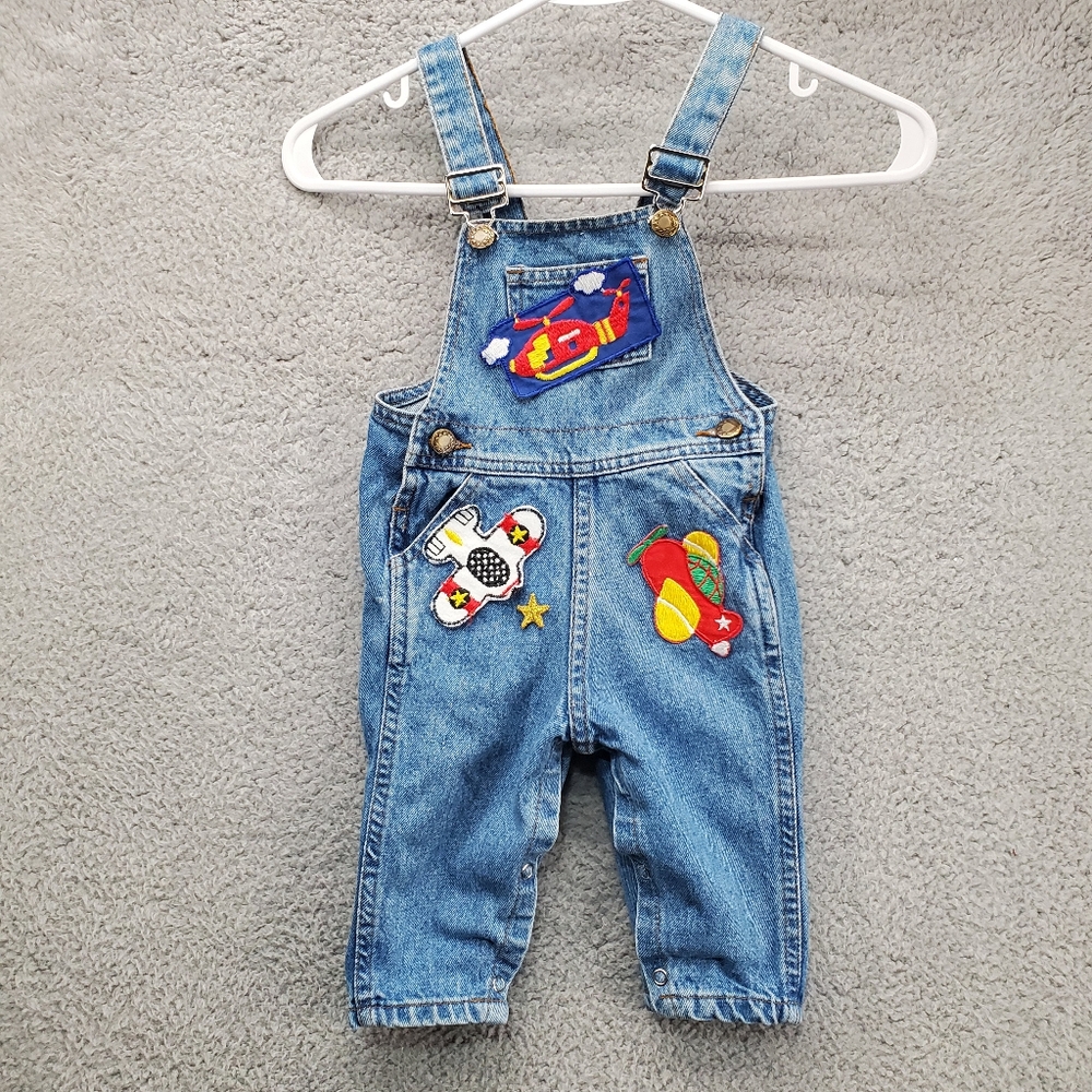 Vintage Bolivar Denim Bib Overalls Airplane Patches Size 6/9 Months